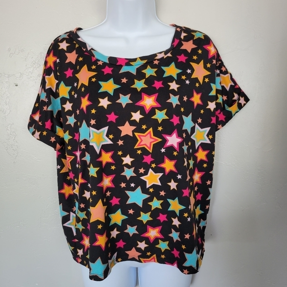 Tayla S/M Black Short Sleeve T-shirt Colorful Star Print Comfy Loungewear